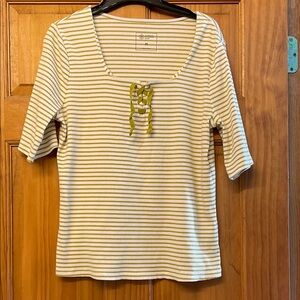 Candace Cameron Bure Cream and Olive Striped Tee